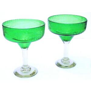 Hand Blown Margarita Glasses 2 Artisan Etched Glass Green Bowl 6.5" Clear Stems